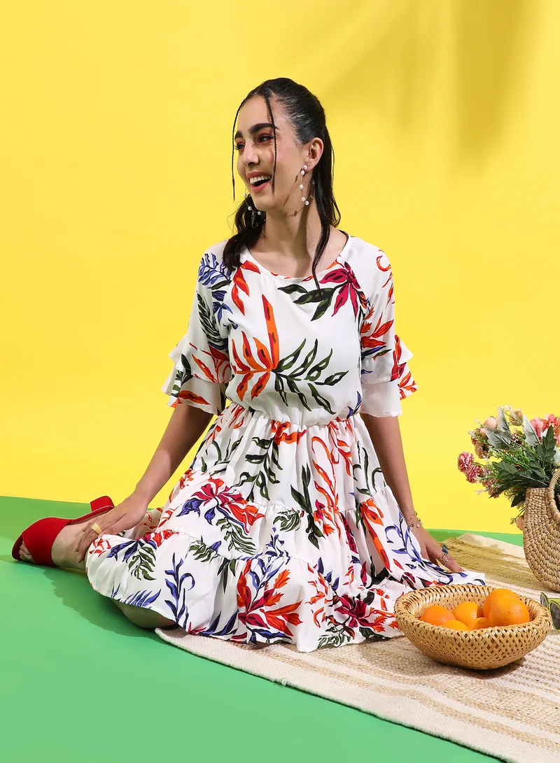 Campus Sutra Women's Printed Multicolour Short Sleeve Mini Length Regular Fit Dress For Casual Wear | Crewneck Dress Crafted With Comfort Fit And High Performance For Everyday Wear